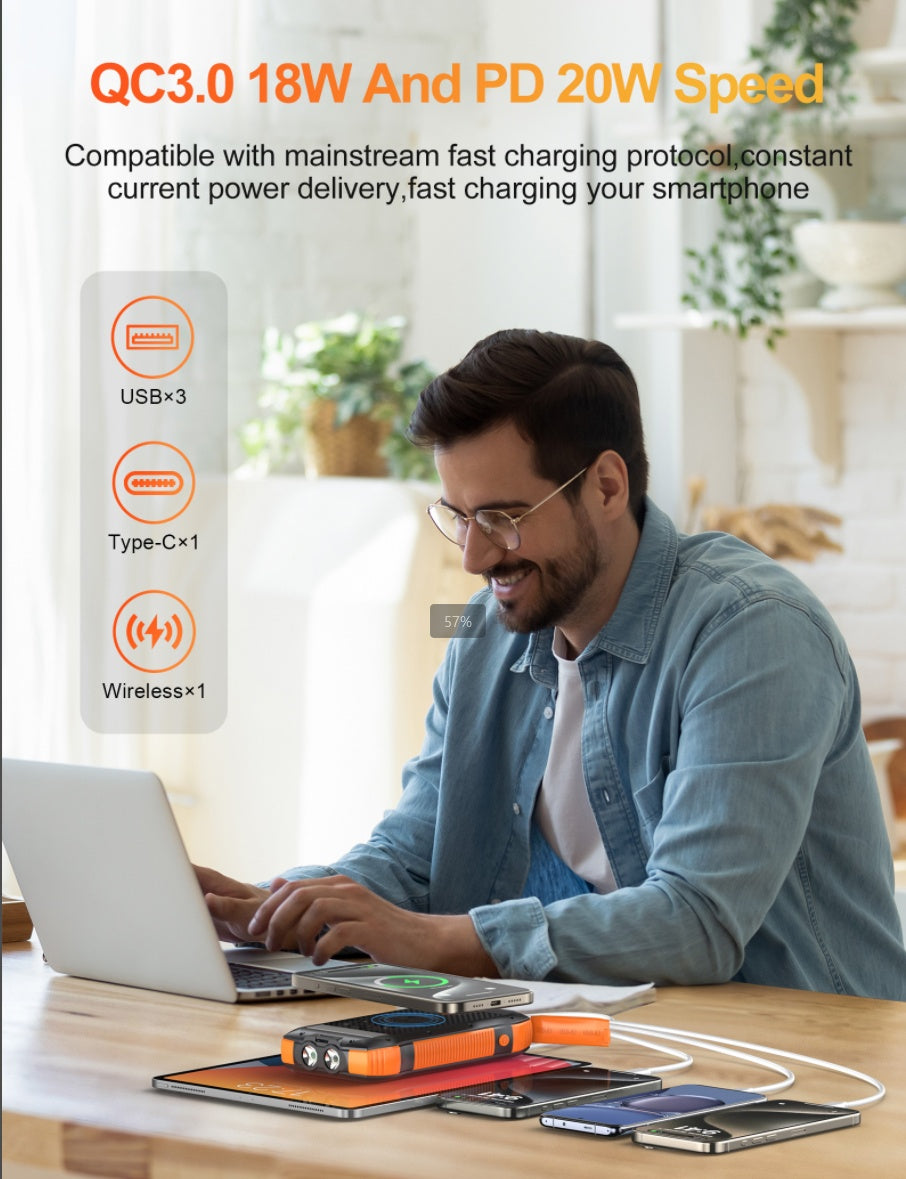Power Bank Solar 20000mAh — Carga Rápida, Resistente al Agua
