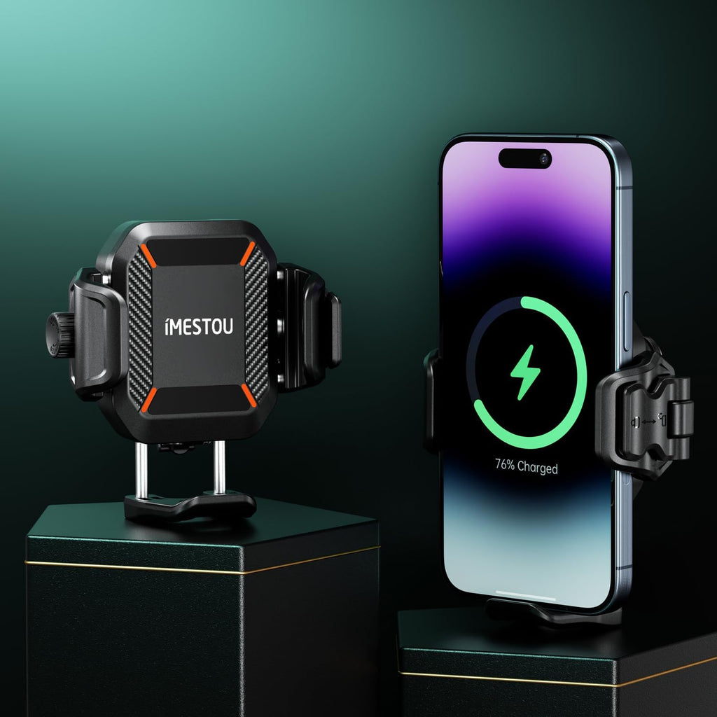 Motorcycle Phone Mount with Wireless Charger 15W & USB-C Port 36W, Shock Absorption 1" Ball Mount Fits for 5.4"-7.2" Phones up to 15Mm Thick, Works with 12-24V Vehicles (Without Mounting Base)