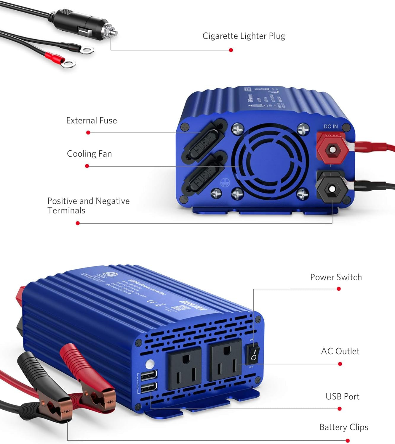 500W Power Inverter for Vehicles DC 12V to AC 110V Car Plug Adapter