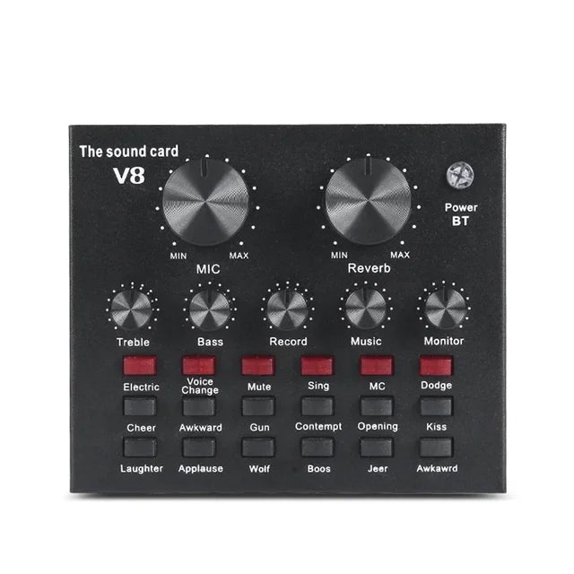 Tarjeta de Sonido V8 Profesional — Streaming, Podcast, Cambiador de Voz