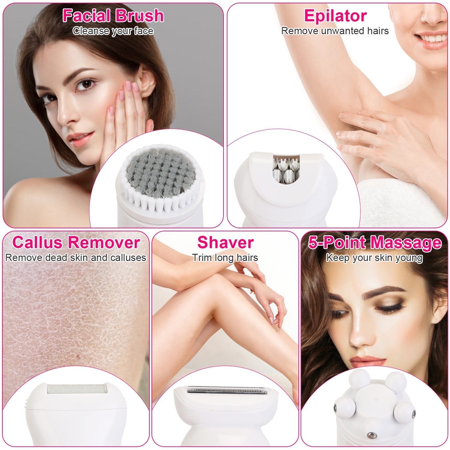 Epiladora Recargable 5 en 1 con Luz LED | 5-in-1 Rechargeable Epilator with LED