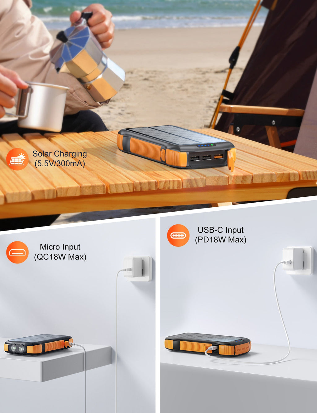 Power Bank Solar 20000mAh — Carga Rápida, Resistente al Agua