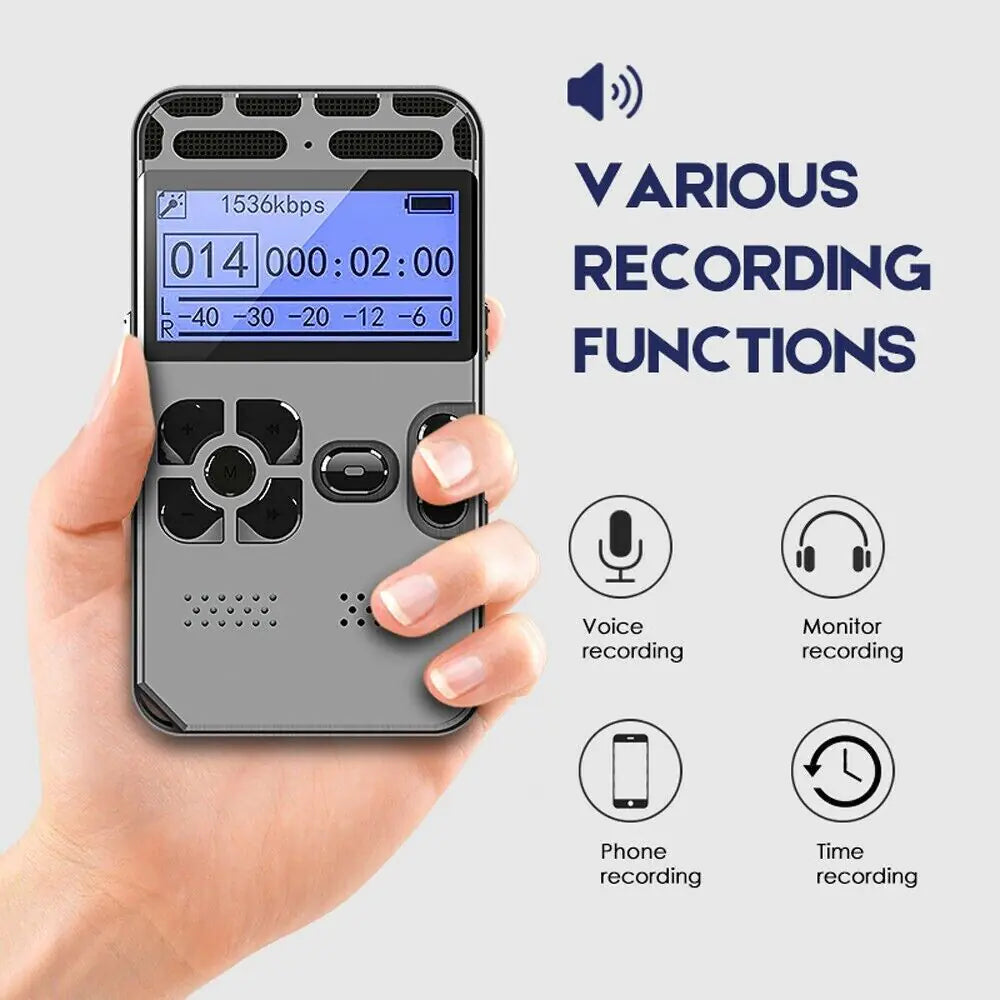 Grabadora de Voz Digital 64GB — LCD, Recargable, Reproductor MP3