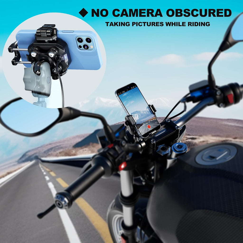 Motorcycle Phone Mount with Wireless Charger 15W & USB-C Port 36W, Shock Absorption 1" Ball Mount Fits for 5.4"-7.2" Phones up to 15Mm Thick, Works with 12-24V Vehicles (Without Mounting Base)