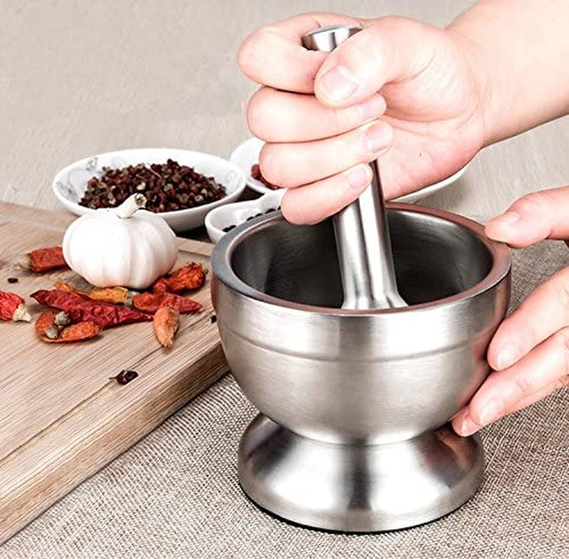 Mortar and Pestle Sets 18/8 Brushed Stainless Steel Spice Grinder Pill Crusher Molcajete Herb Bowl