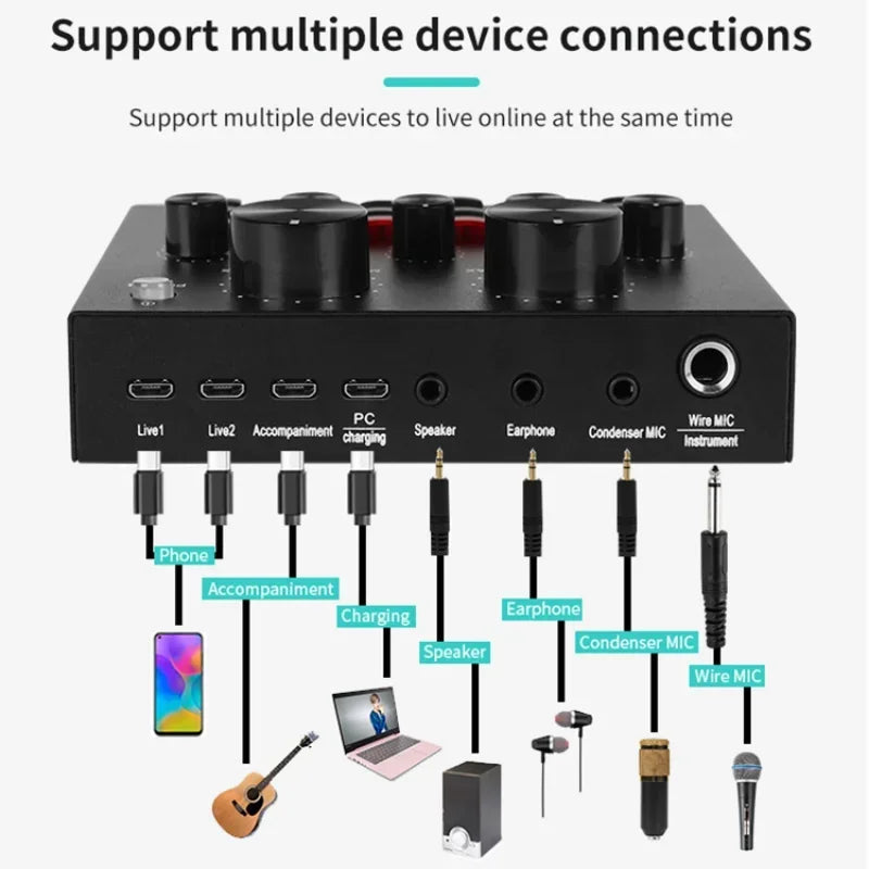 Tarjeta de Sonido V8 Profesional — Streaming, Podcast, Cambiador de Voz