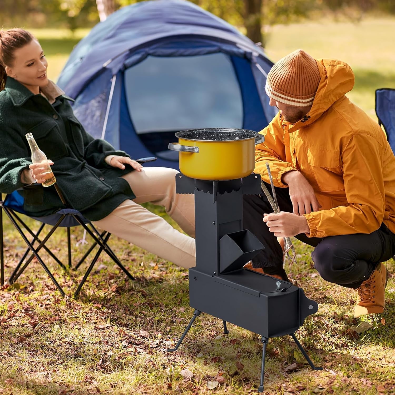 Camping Rocket Stove,Portable Wood Burning Stove,Tent Stove,Heating Burner Stove,Fire Camping Stove for Cooking Backyard,Cooking Camping Grill Outdoor Events BBQ (Black B)