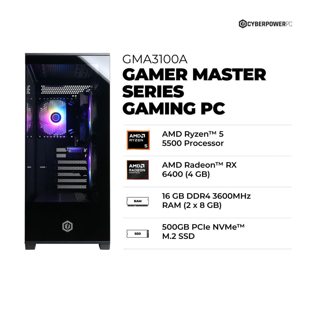 PC Gaming CyberPowerPC Gamer Master — Ryzen 5 5500, RX 6400, 16GB RAM, 500GB SSD