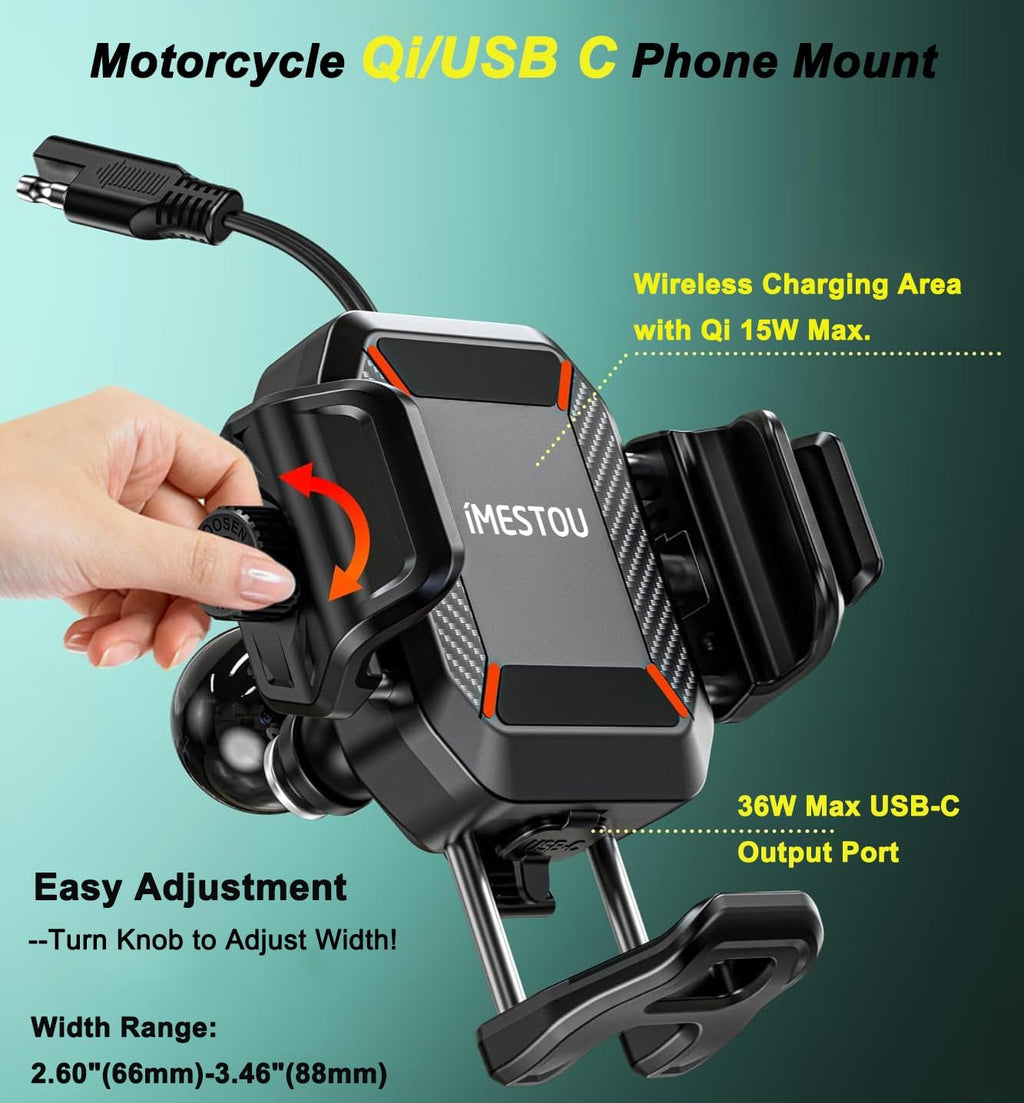 Motorcycle Phone Mount with Wireless Charger 15W & USB-C Port 36W, Shock Absorption 1" Ball Mount Fits for 5.4"-7.2" Phones up to 15Mm Thick, Works with 12-24V Vehicles (Without Mounting Base)