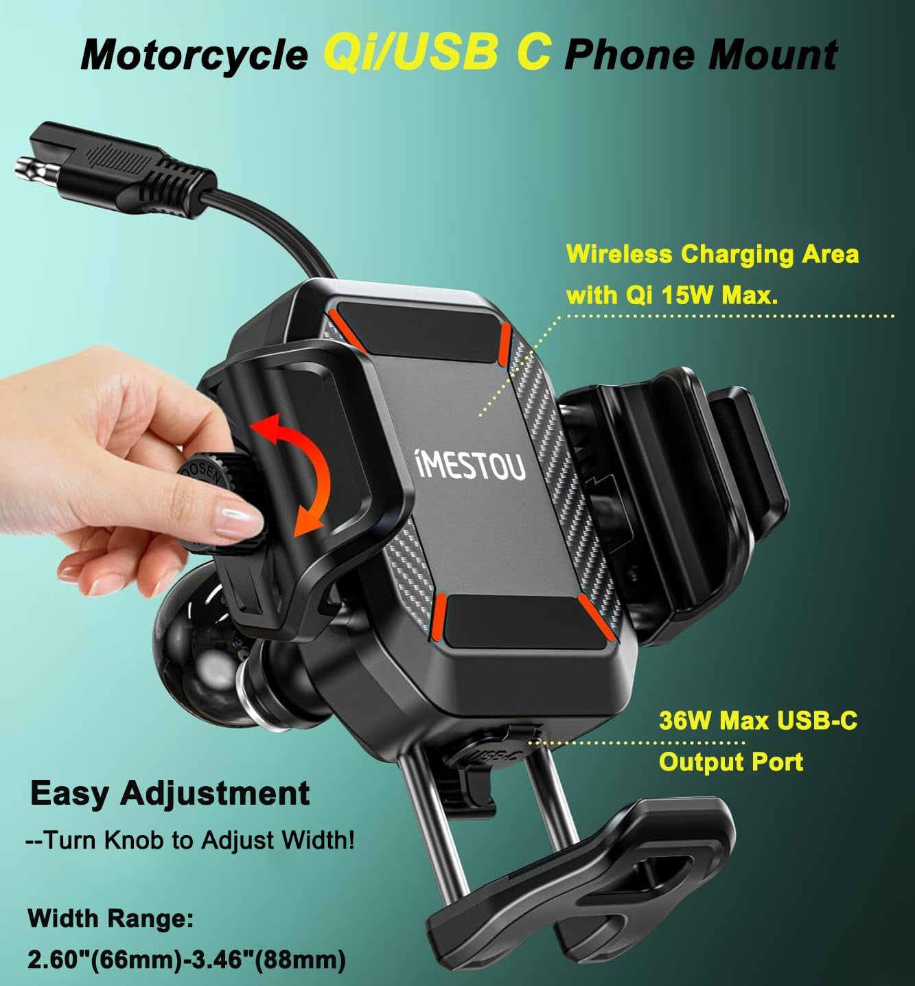 Motorcycle Phone Mount with Wireless Charger 15W & USB-C Port 36W, Shock Absorption 1" Ball Mount Fits for 5.4"-7.2" Phones up to 15Mm Thick, Works with 12-24V Vehicles (Without Mounting Base)