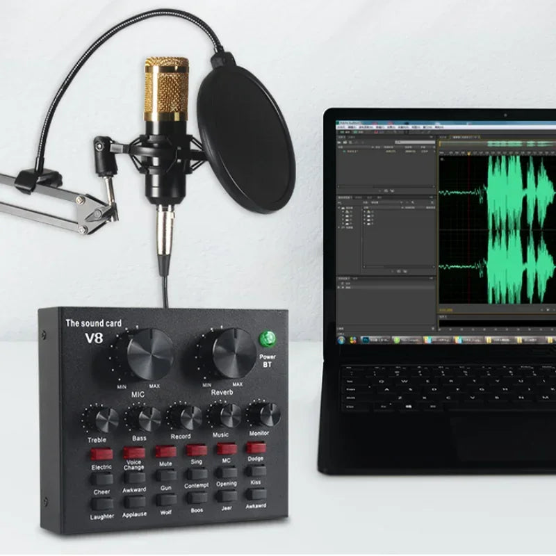 Tarjeta de Sonido V8 Profesional — Streaming, Podcast, Cambiador de Voz