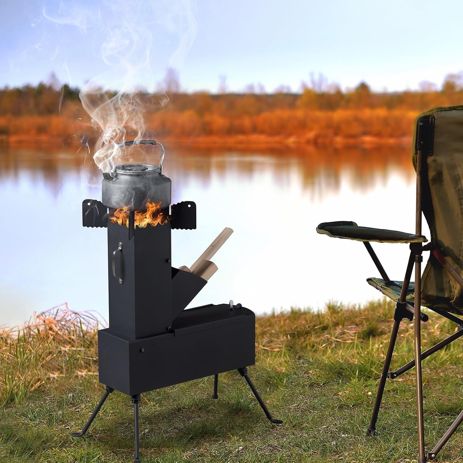 Camping Rocket Stove,Portable Wood Burning Stove,Tent Stove,Heating Burner Stove,Fire Camping Stove for Cooking Backyard,Cooking Camping Grill Outdoor Events BBQ (Black B)