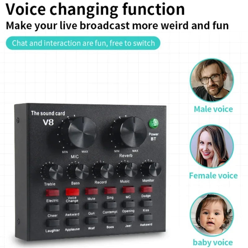 Tarjeta de Sonido V8 Profesional — Streaming, Podcast, Cambiador de Voz