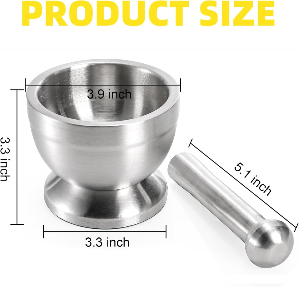 Mortar and Pestle Sets 18/8 Brushed Stainless Steel Spice Grinder Pill Crusher Molcajete Herb Bowl