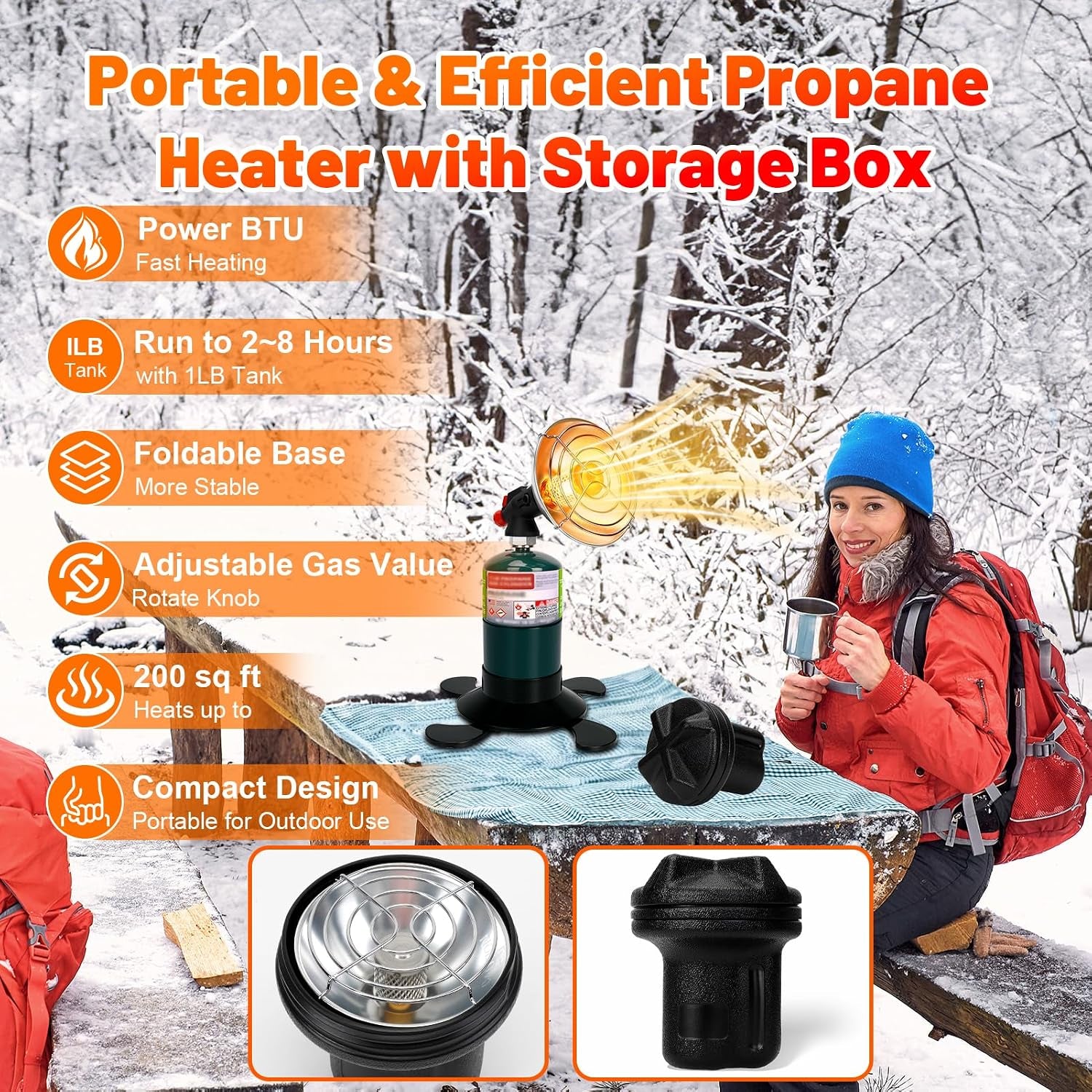 Portable Propane Heater for Camping, Outdoor Small Space Patio Gas Heater | Cordless Heater with Foldable Tank Holder, Fast Radiant Warmth for Ventilated Tents, Winter Hiking, Ice Fishing, Hunting