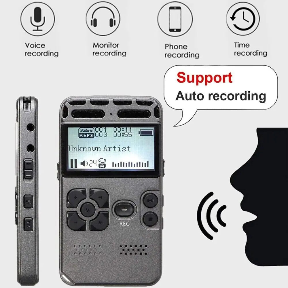 Grabadora de Voz Digital 64GB — LCD, Recargable, Reproductor MP3
