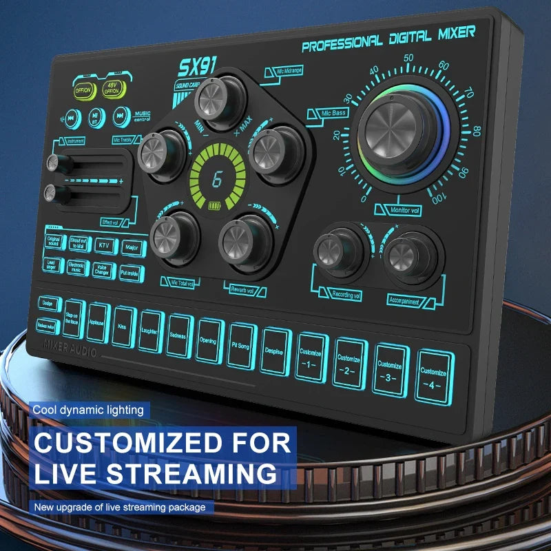 Mezclador de Audio SX91 48V — Cambiador de Voz, Podcast, Karaoke y Streaming