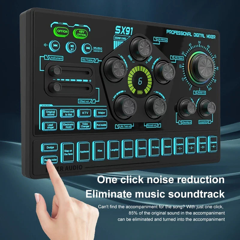 Mezclador de Audio SX91 48V — Cambiador de Voz, Podcast, Karaoke y Streaming