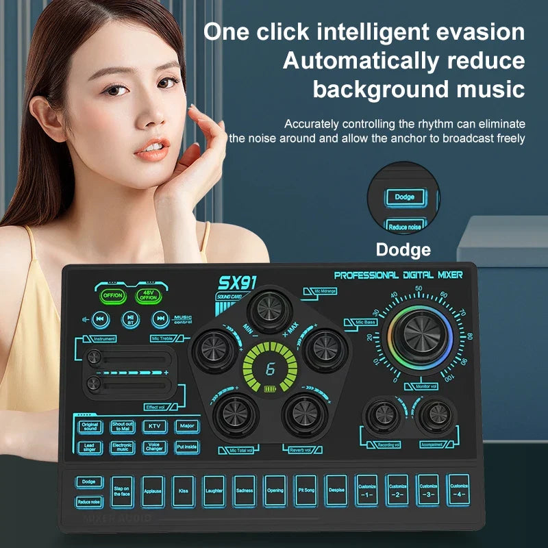 Mezclador de Audio SX91 48V — Cambiador de Voz, Podcast, Karaoke y Streaming