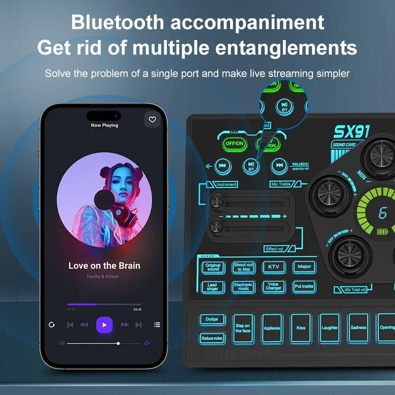 Mezclador de Audio SX91 48V — Cambiador de Voz, Podcast, Karaoke y Streaming