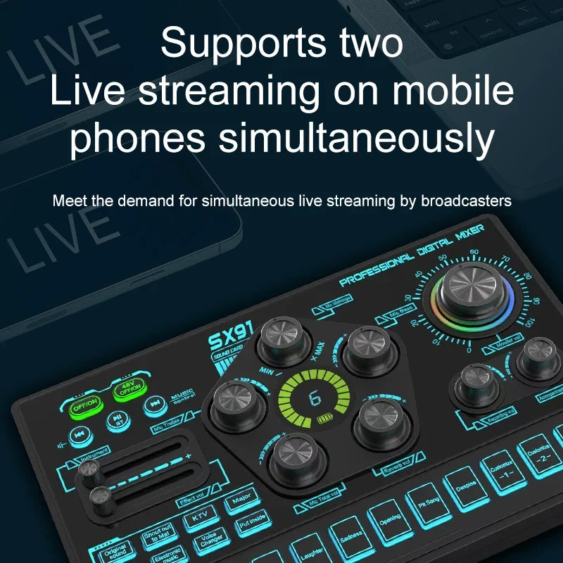 Mezclador de Audio SX91 48V — Cambiador de Voz, Podcast, Karaoke y Streaming