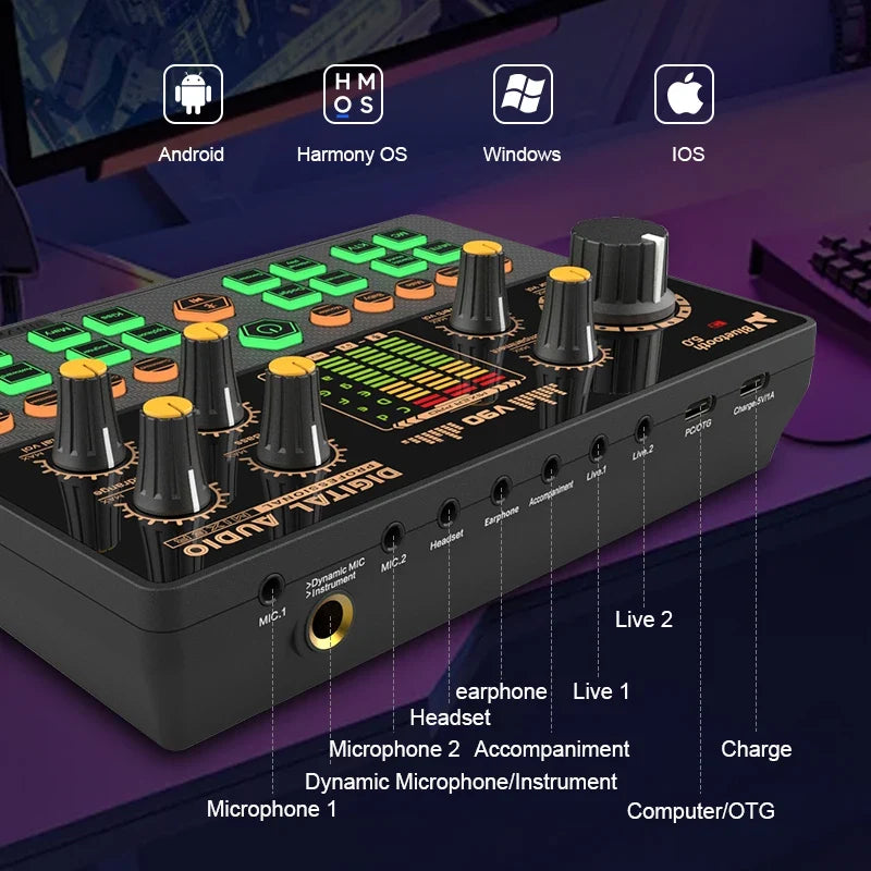 Mezclador de Audio Gaming y Streaming — Bluetooth, Cambiador de Voz, Tarjeta de Sonido