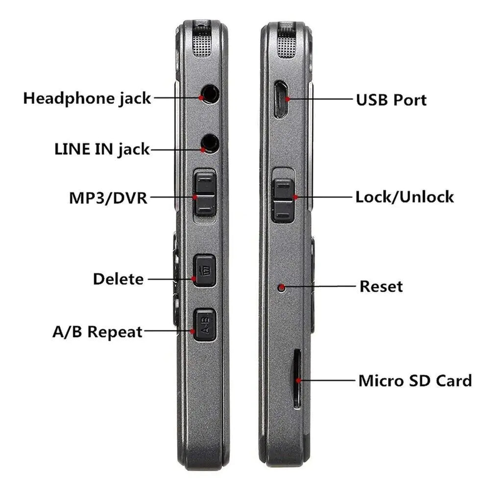 Grabadora de Voz Digital 64GB — LCD, Recargable, Reproductor MP3