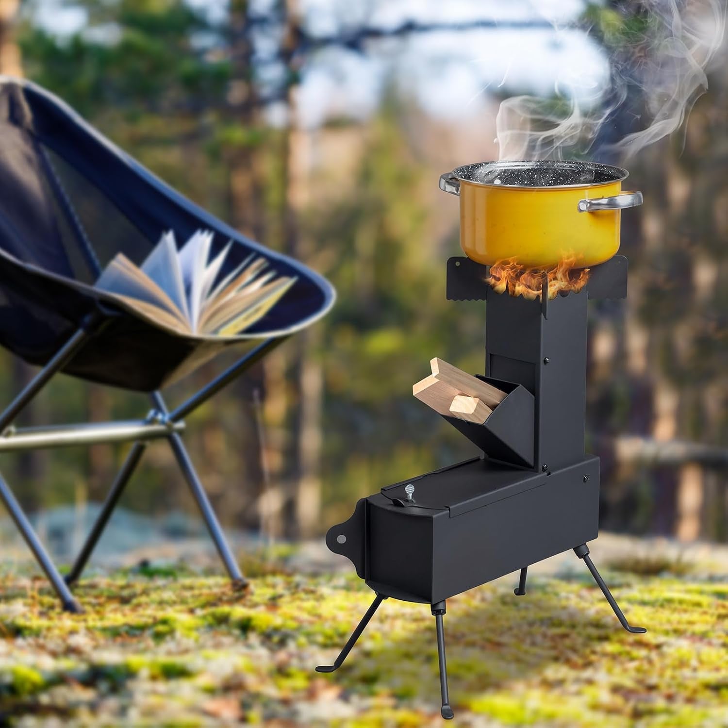 Camping Rocket Stove,Portable Wood Burning Stove,Tent Stove,Heating Burner Stove,Fire Camping Stove for Cooking Backyard,Cooking Camping Grill Outdoor Events BBQ (Black B)