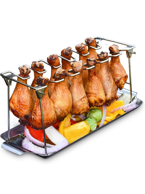 Chicken Leg Rack for Grill with Drip Tray- 14 Slots Chicken Wing Rack- Premium Stainless Steel Chicken Drumstick Rack for Smoker