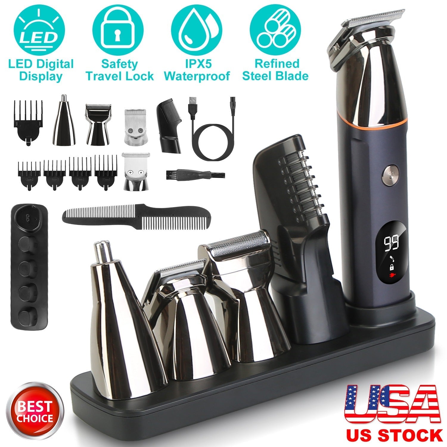 Trimmer Eléctrico 5 en 1 para Hombre — Impermeable IPX5, Inalámbrico