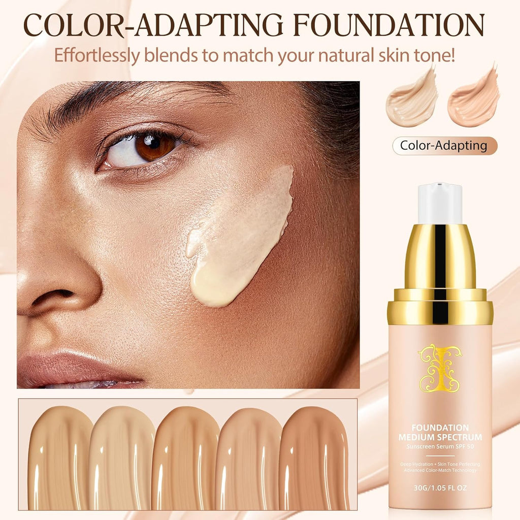 Colour Changing Foundation, 4 in 1 Medium Full Coverage Concealer Foundation with SPF 50+, Hydrating Color Changing Longwearing & Waterproof, Light Spectrum for Gym, Sport,