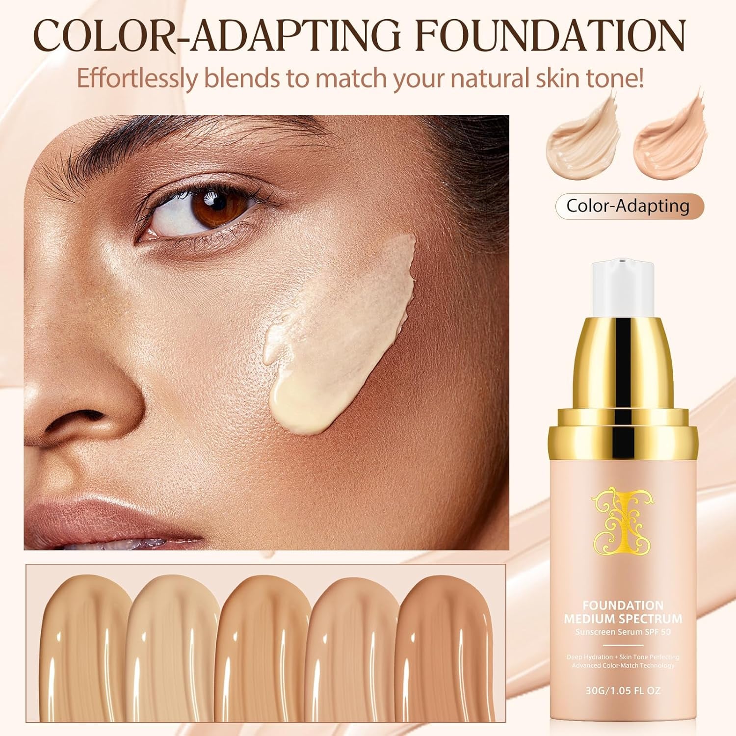 Colour Changing Foundation, 4 in 1 Medium Full Coverage Concealer Foundation with SPF 50+, Hydrating Color Changing Longwearing & Waterproof, Light Spectrum for Gym, Sport,
