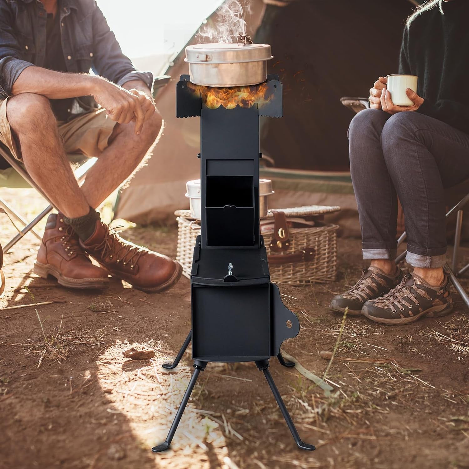 Camping Rocket Stove,Portable Wood Burning Stove,Tent Stove,Heating Burner Stove,Fire Camping Stove for Cooking Backyard,Cooking Camping Grill Outdoor Events BBQ (Black B)
