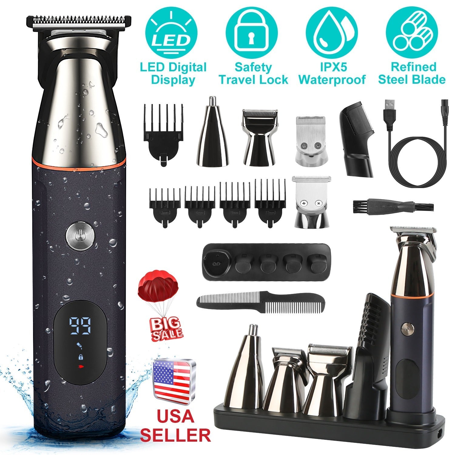Trimmer Eléctrico 5 en 1 para Hombre — Impermeable IPX5, Inalámbrico