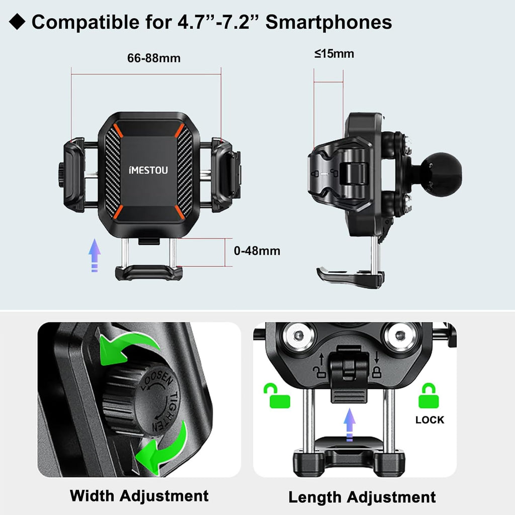 Motorcycle Phone Mount with Wireless Charger 15W & USB-C Port 36W, Shock Absorption 1" Ball Mount Fits for 5.4"-7.2" Phones up to 15Mm Thick, Works with 12-24V Vehicles (Without Mounting Base)