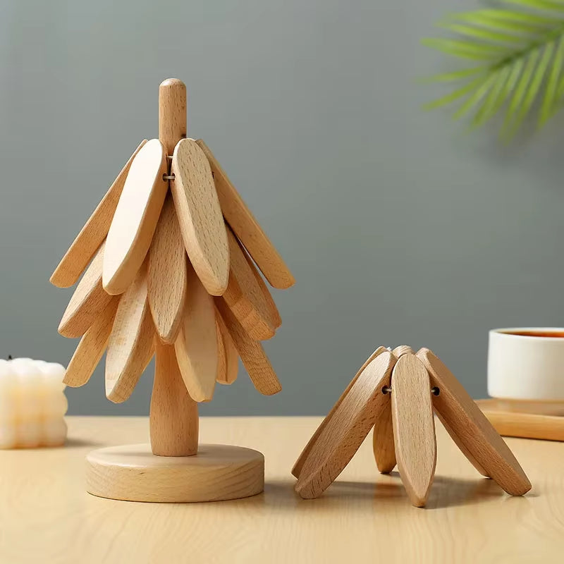 4PCS Tree Design Stand Bamboo Wooden Trivets Decorative anti Scald Heat Resistant Table Mat Coaster Wood Placemats Pot