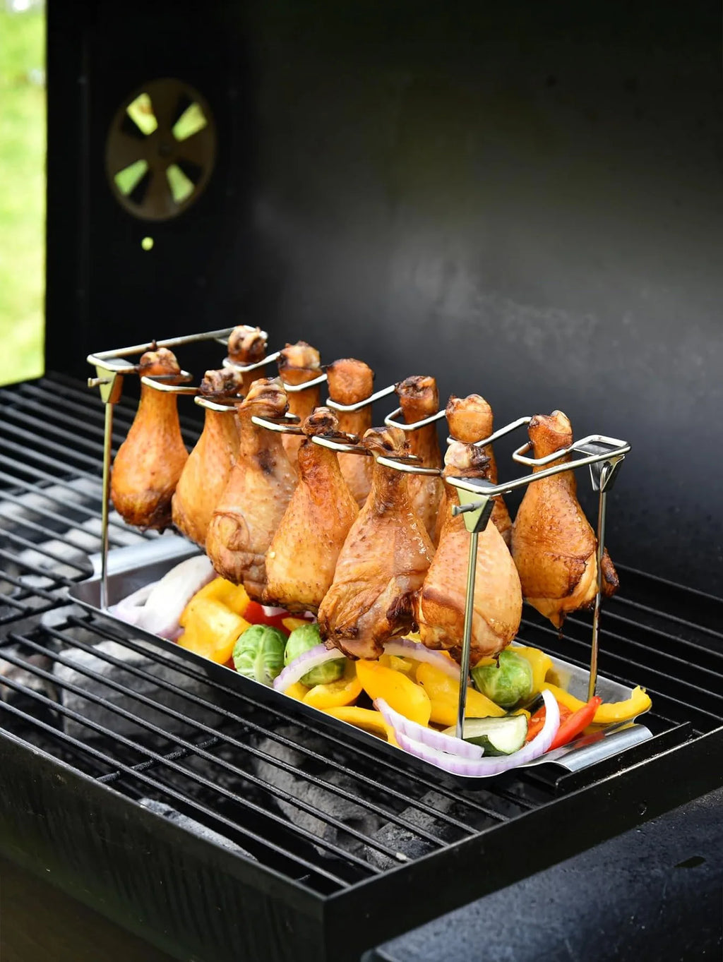 Chicken Leg Rack for Grill with Drip Tray- 14 Slots Chicken Wing Rack- Premium Stainless Steel Chicken Drumstick Rack for Smoker