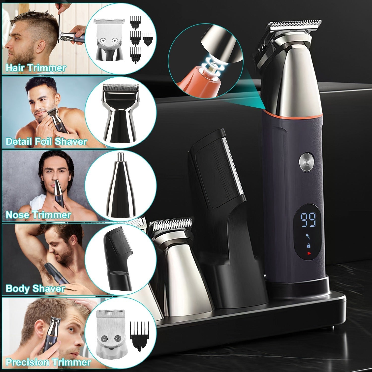 Trimmer Eléctrico 5 en 1 para Hombre — Impermeable IPX5, Inalámbrico