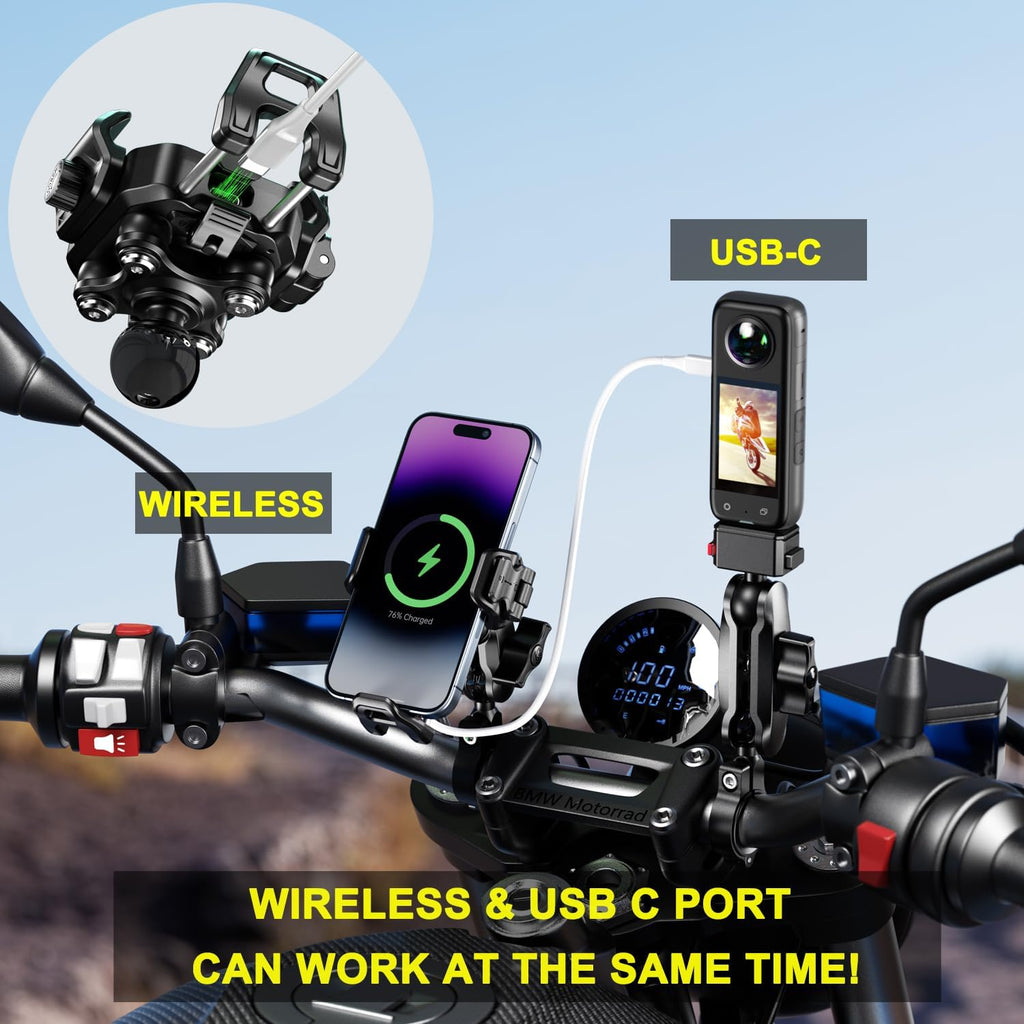 Motorcycle Phone Mount with Wireless Charger 15W & USB-C Port 36W, Shock Absorption 1" Ball Mount Fits for 5.4"-7.2" Phones up to 15Mm Thick, Works with 12-24V Vehicles (Without Mounting Base)