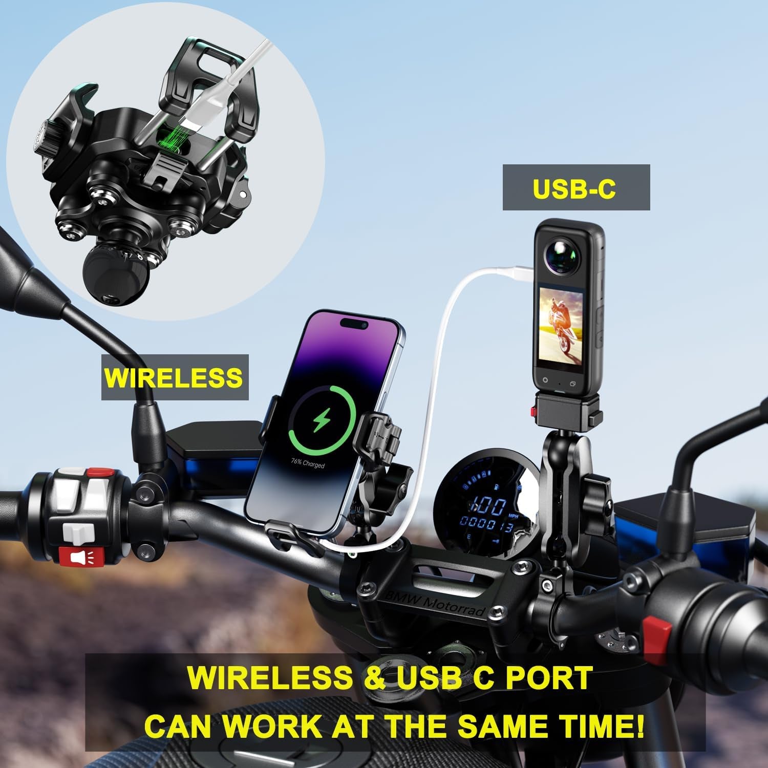 Motorcycle Phone Mount with Wireless Charger 15W & USB-C Port 36W, Shock Absorption 1" Ball Mount Fits for 5.4"-7.2" Phones up to 15Mm Thick, Works with 12-24V Vehicles (Without Mounting Base)