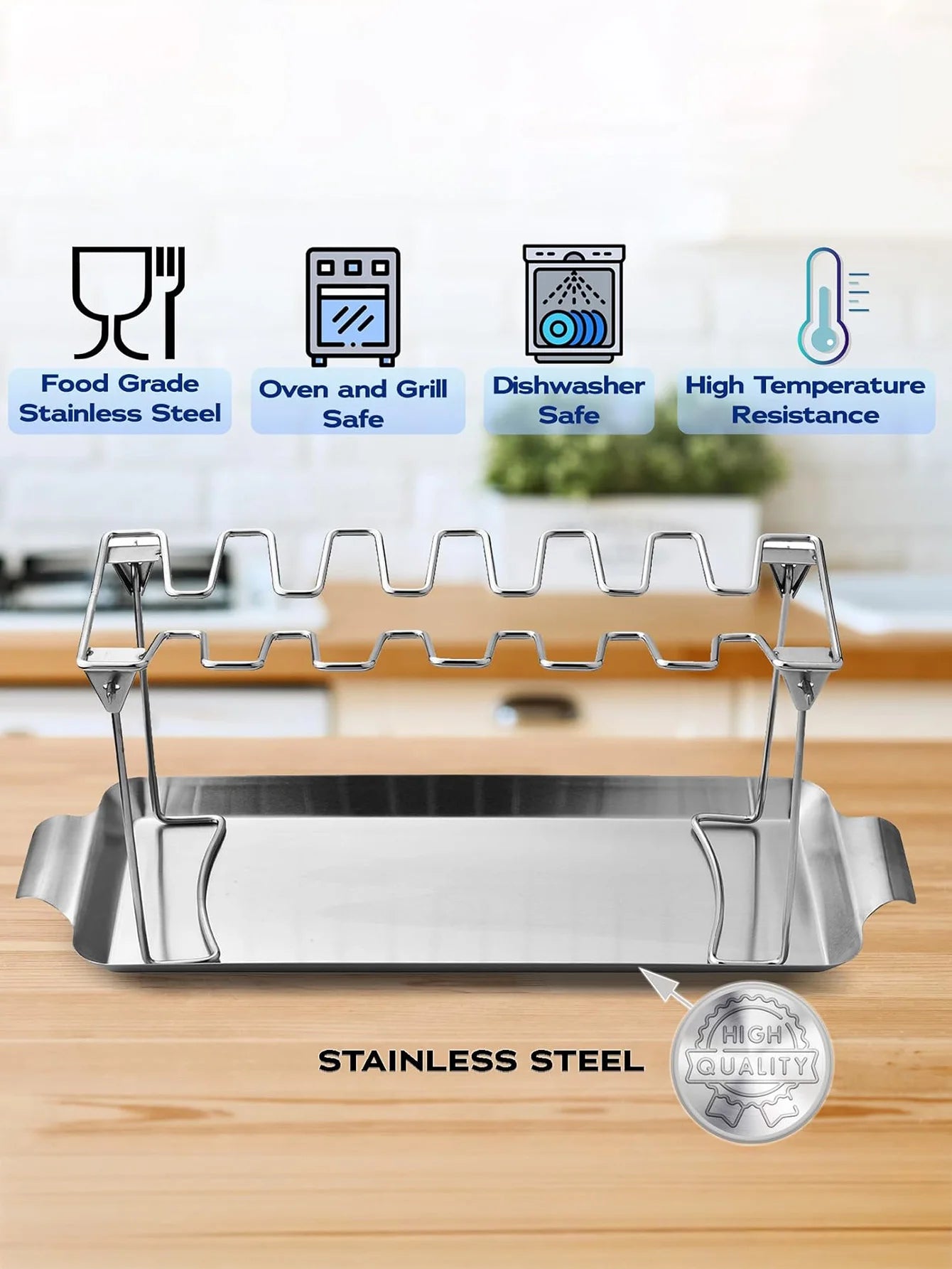 Chicken Leg Rack for Grill with Drip Tray- 14 Slots Chicken Wing Rack- Premium Stainless Steel Chicken Drumstick Rack for Smoker