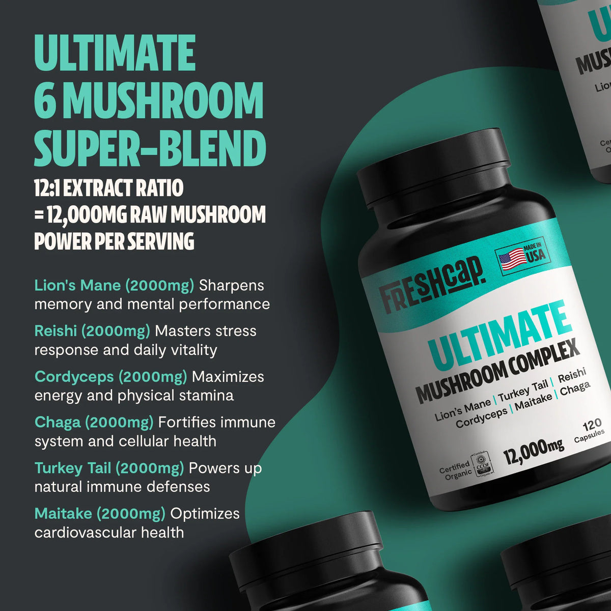 Suplemento de Hongos Orgánico — 6 Hongos | Organic Mushroom Complex Capsules