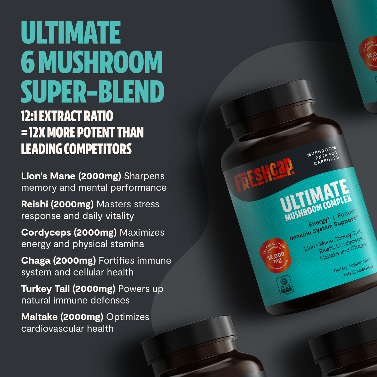 Suplemento de Hongos Orgánico — 6 Hongos | Organic Mushroom Complex Capsules