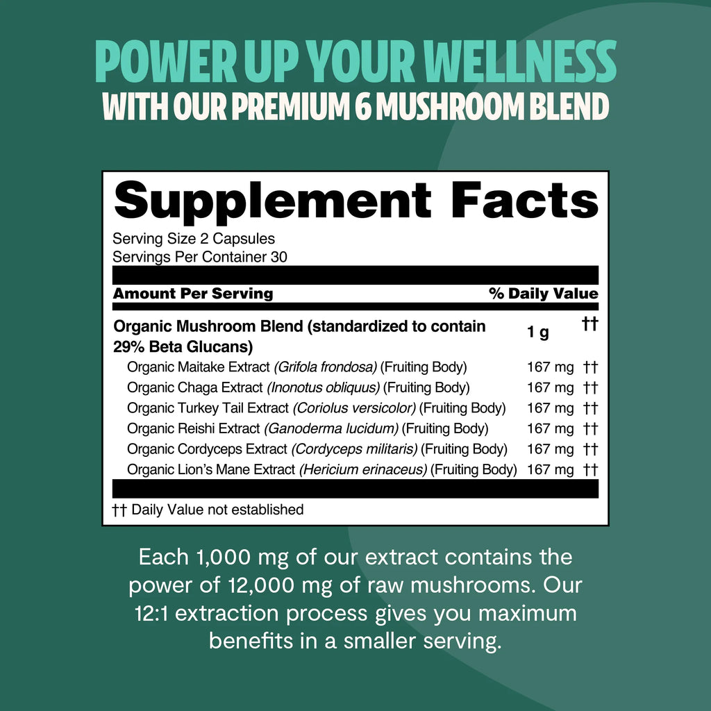 Suplemento de Hongos Orgánico — 6 Hongos | Organic Mushroom Complex Capsules