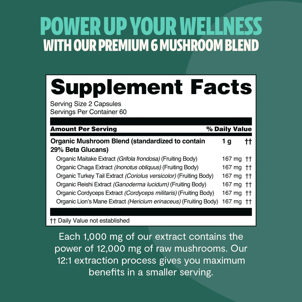 Suplemento de Hongos Orgánico — 6 Hongos | Organic Mushroom Complex Capsules