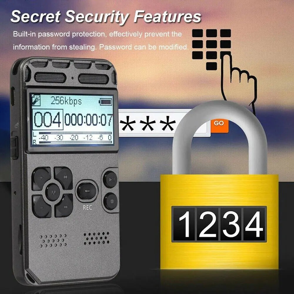 Grabadora de Voz Digital 64GB — LCD, Recargable, Reproductor MP3