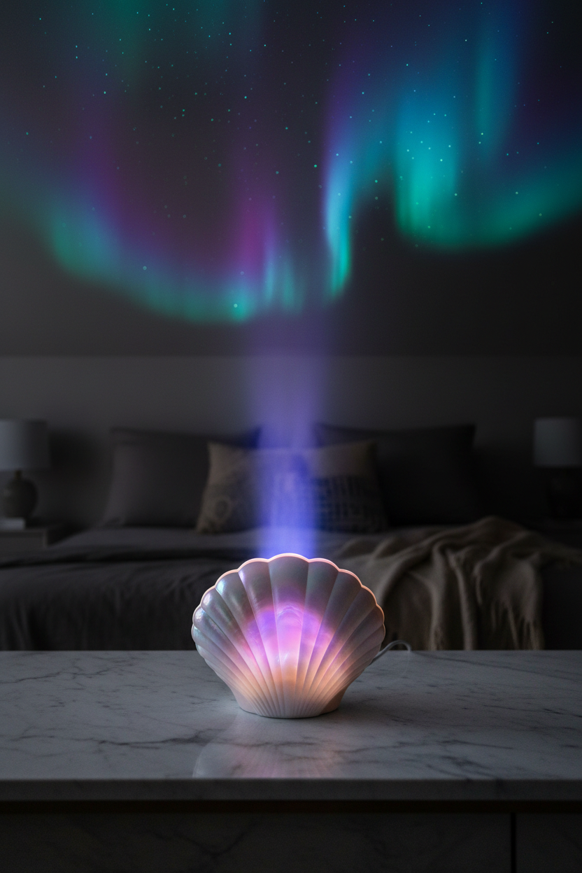 Proyector de auroras boreales en habitación oscura con luces de colores