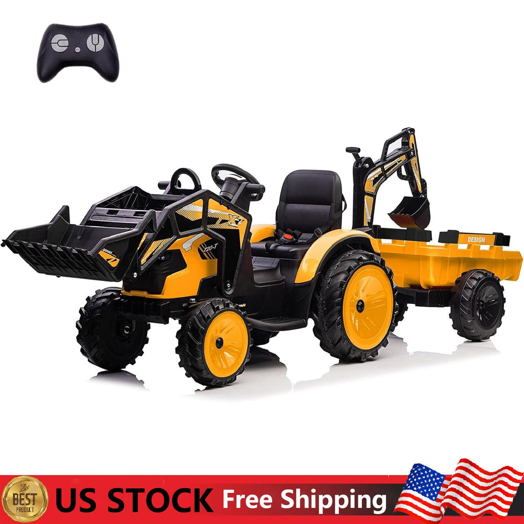 24V Electric Ride-On Tractor with Excavator, Trailer, and Digger Attachments