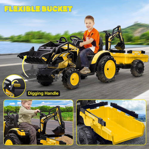 24V Electric Ride-On Tractor with Excavator, Trailer, and Digger Attachments