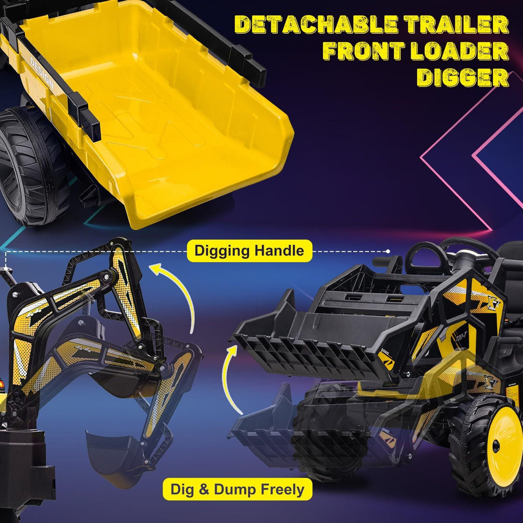 24V Electric Ride-On Tractor with Excavator, Trailer, and Digger Attachments